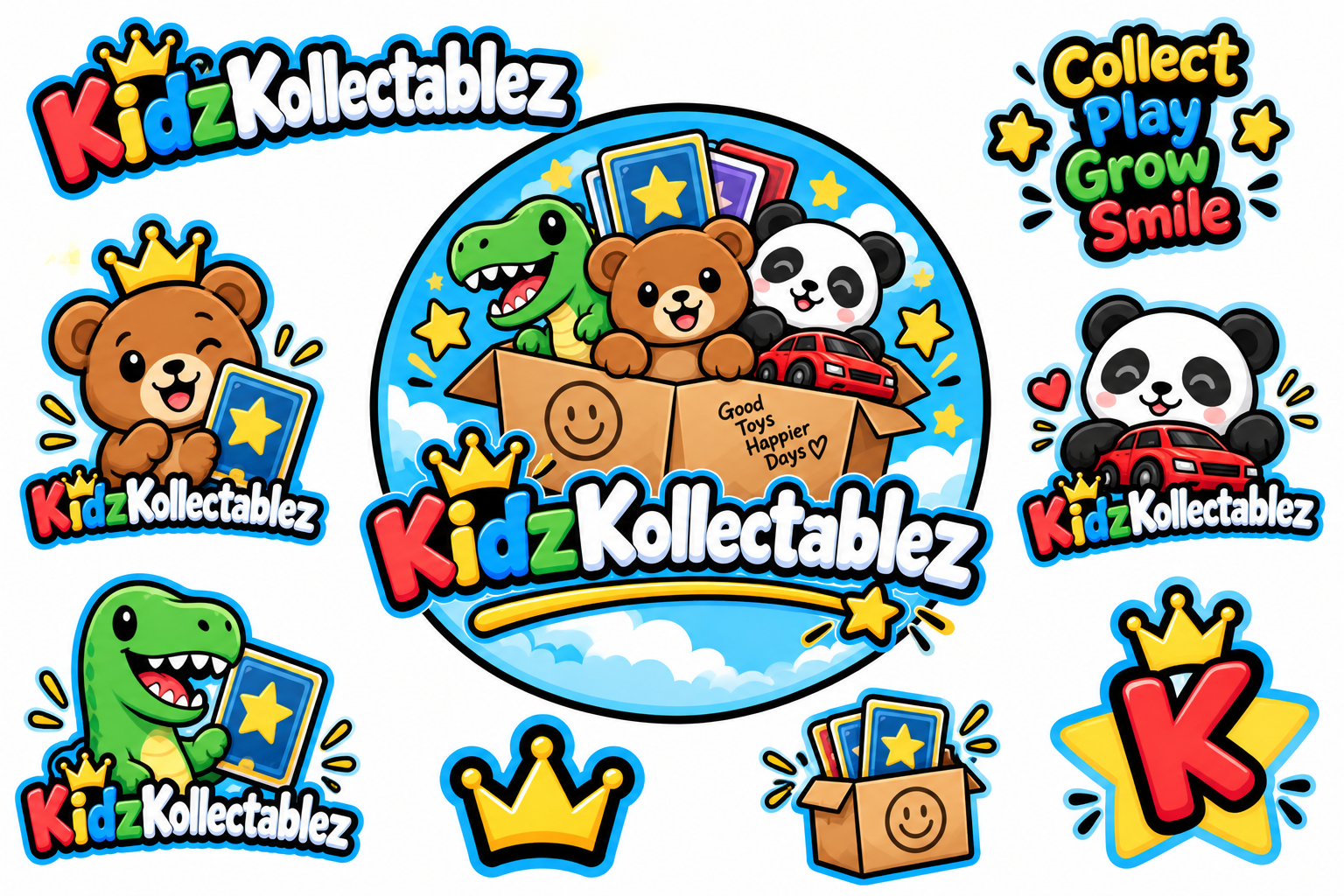 Original KidzKollectablez artwork featuring the colorful logo, a crowned bear, dinosaur, panda, toy car, cards, and the words Collect Play Grow Smile