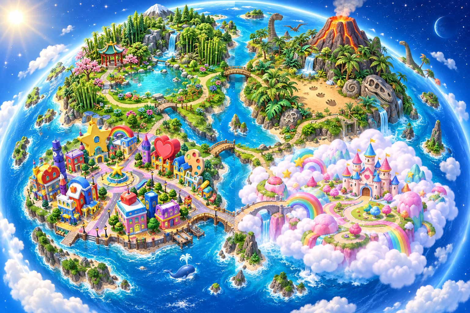 A detailed fantasy globe with Panda Park bamboo gardens, Dino Island's prehistoric volcano, colorful Sticker City, and the cloud castles of Squishy Kingdom